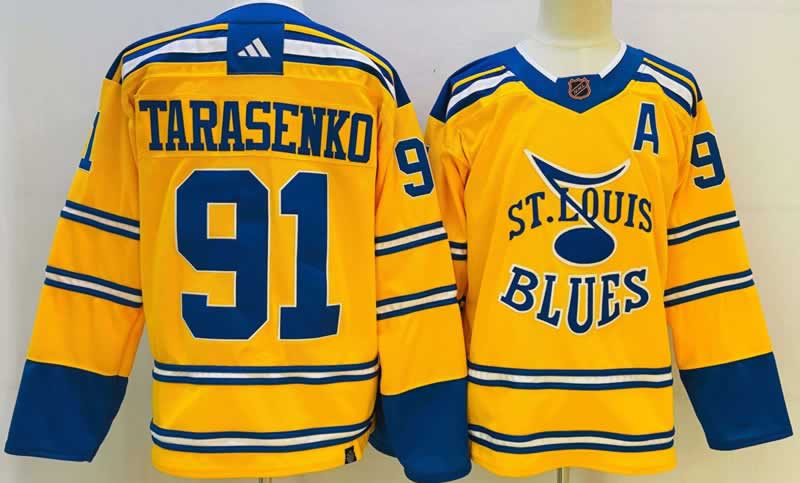 Men%27s St. Louis Blues #91 Vladimir Tarasenko Yellow 2022-23 Reverse Retro Stitched Jersey->pittsburgh penguins->NHL Jersey